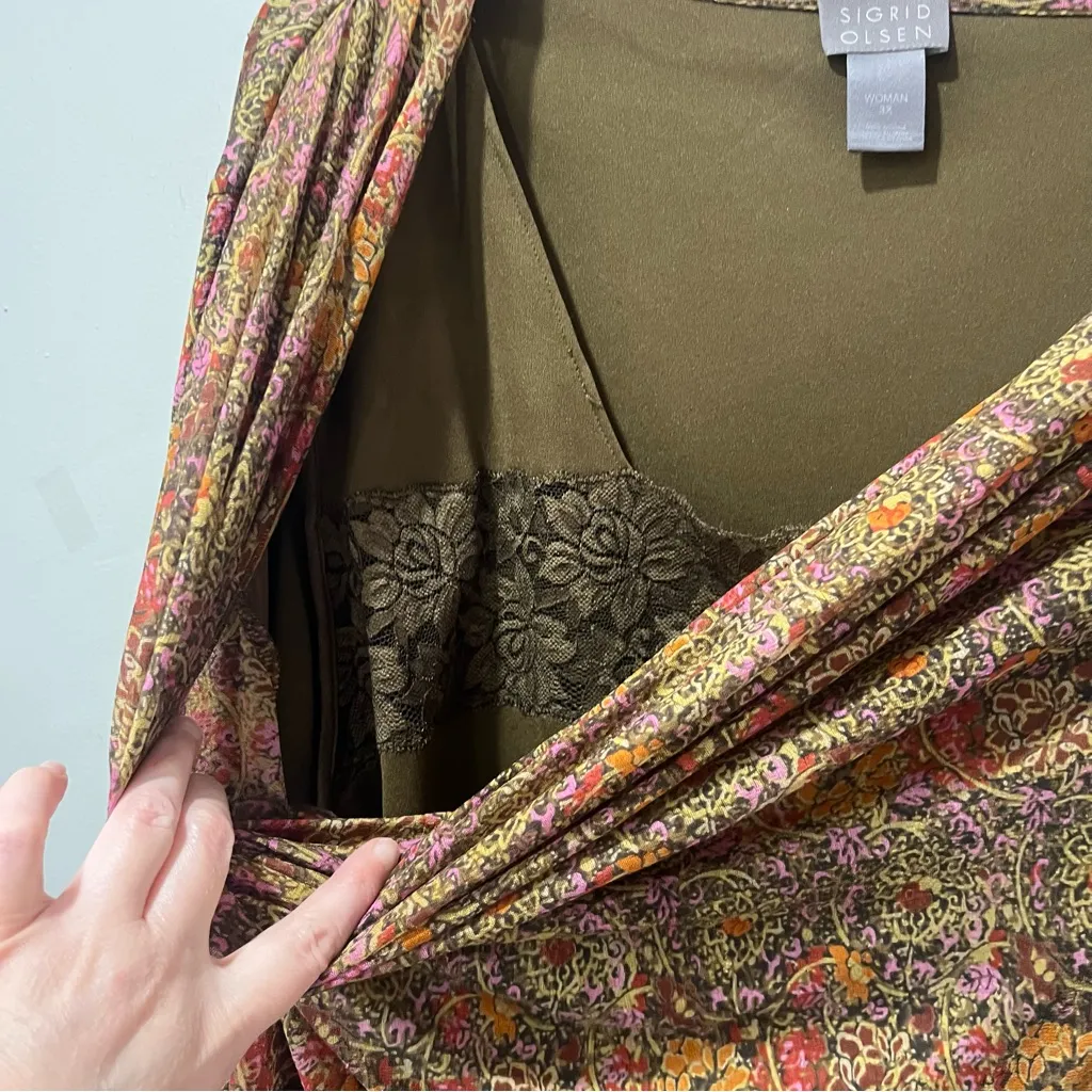 Sigrid Olsen Top Womens Size 3XL Blouse Layered Floral Earthy Lace Green Orange - Image 5