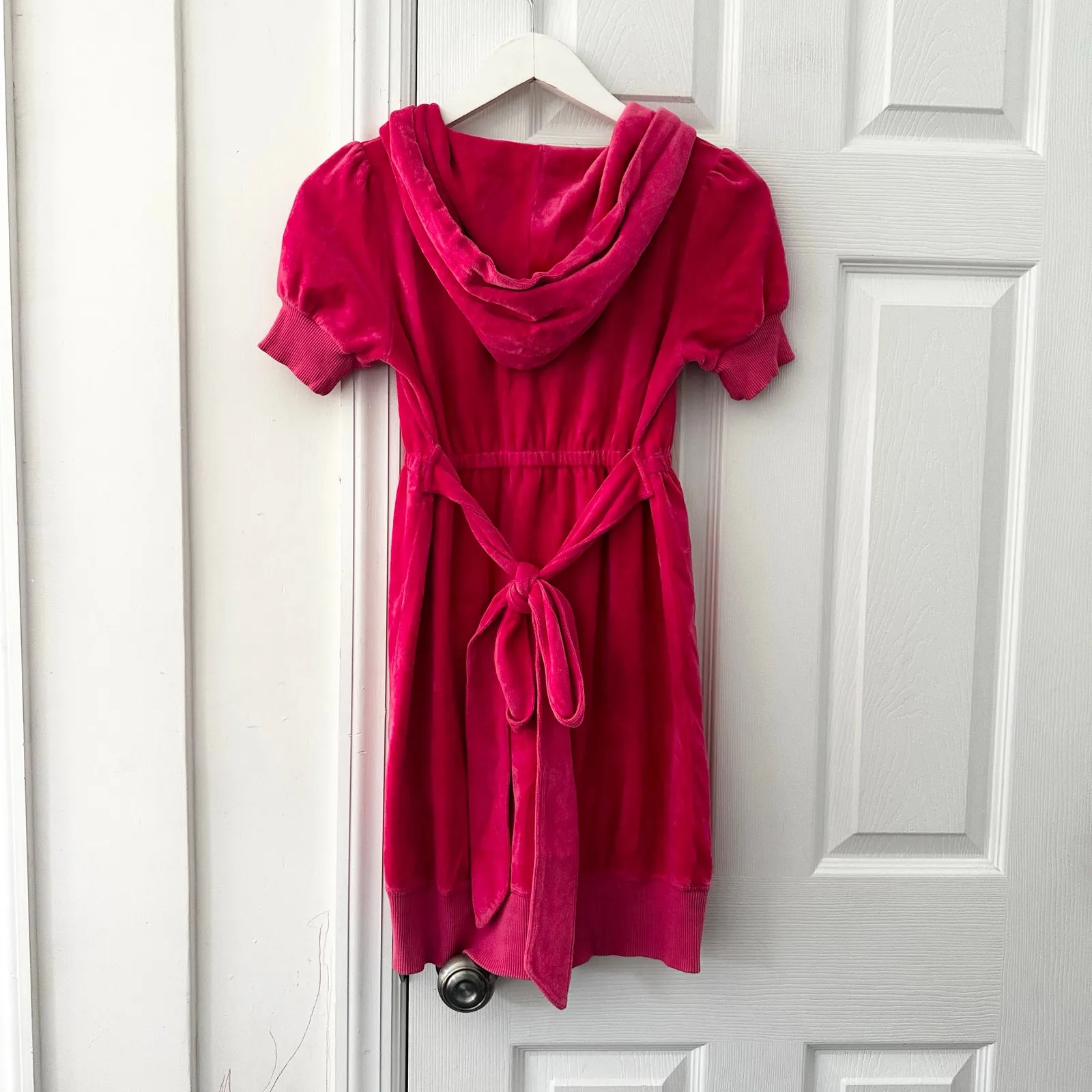 Juicy Couture Bright Pink Y2K Velour Full Zip Tie Back Hooded Mini Dress Jacket - Image 8