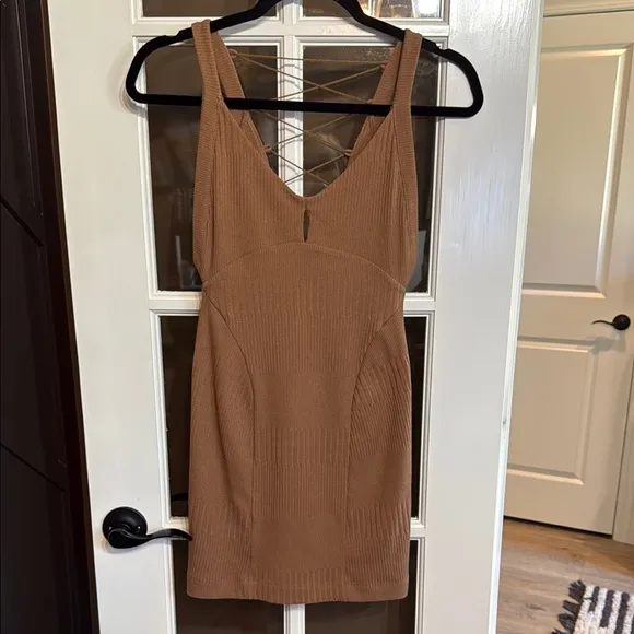 FREE PEOPLE Stretch Knit Ribbed Bodycon Lace-Up Back Mini in Tobacco Size XS - Image 2