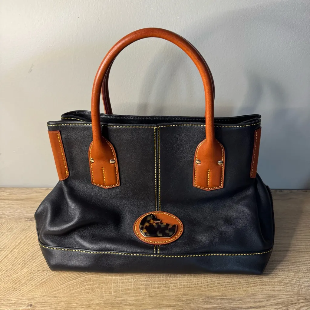 Dooney Bourke Black Tan Yellow Stitch Tote Bag Duck Logo Satchel Tortoiseshell‎ - Image 2