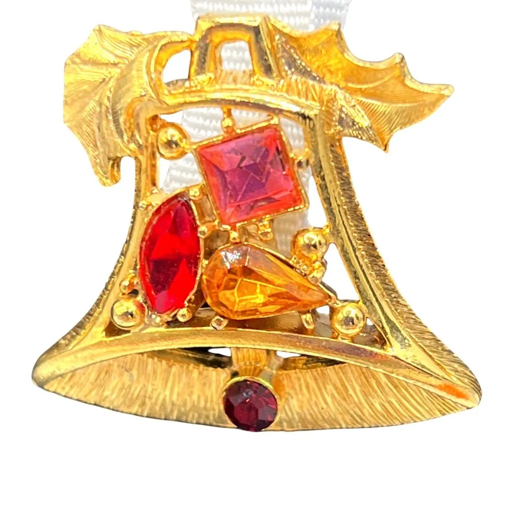 VTG Goldtone Bell Brooch Red Amber Rhinestones Holly Leaves Holiday Christmas Gold - Image 3