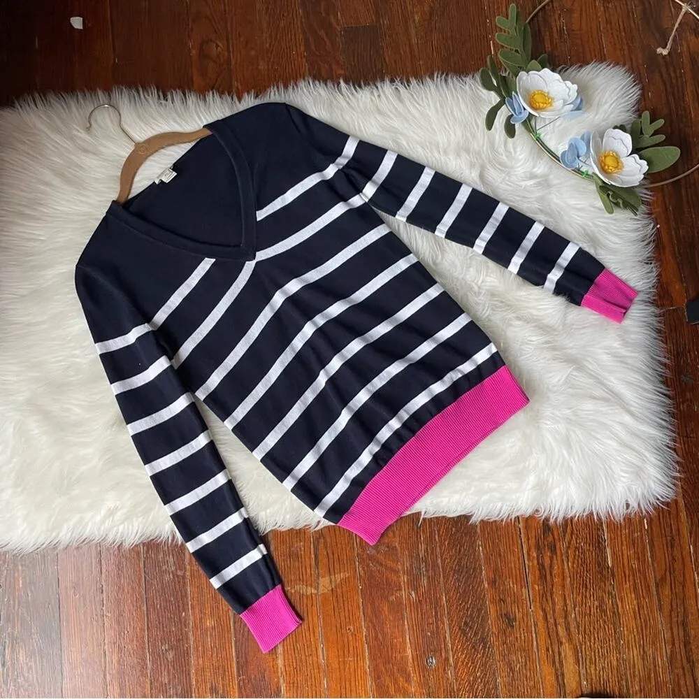 J.Crew Striped Colorblock Sweater Navy, White, & Cream V-neckline - Image 4