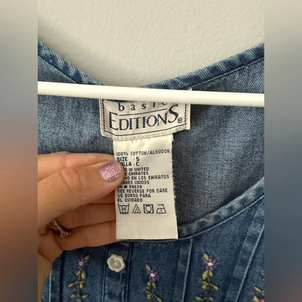 VTG BASIC EDITIONS Embroidered Denim Sleeveless Dress Maxi Blue Floral Size S - Image 4