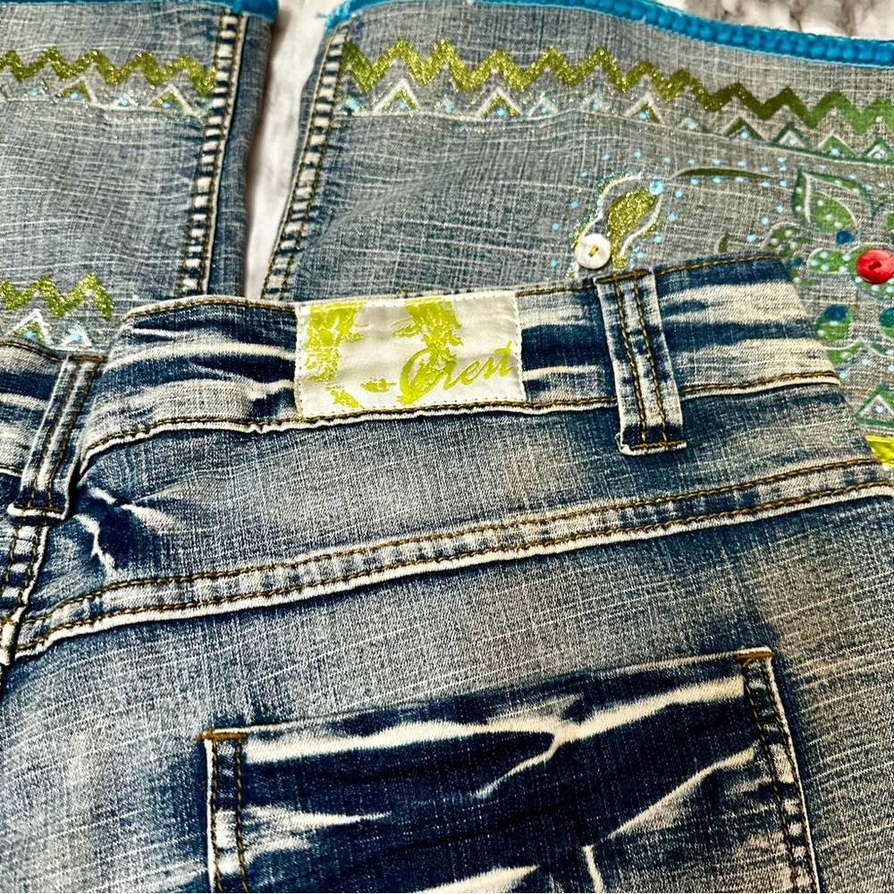 Crest Wide Leg Embellished Cropped Women’s Sz 19/20 Boho Artsy Whimsical Denim Blue - Image 8