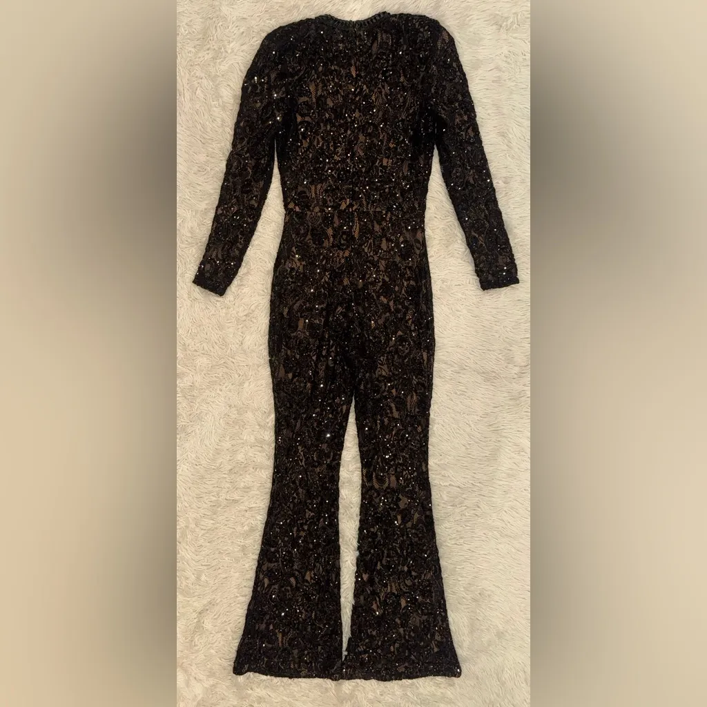 NEW Nadine Merabi BELLA Black Floral Lace Black long sleeves Jumpsuit sz 12 Tan - Image 6