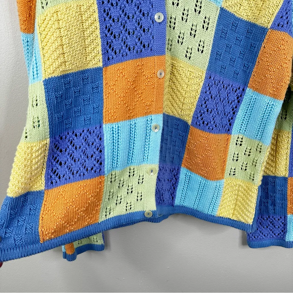 Vintage Talbots 100% Cotton Patchwork Knit Sweater Cardigan Womens L Made in USA - Image 6