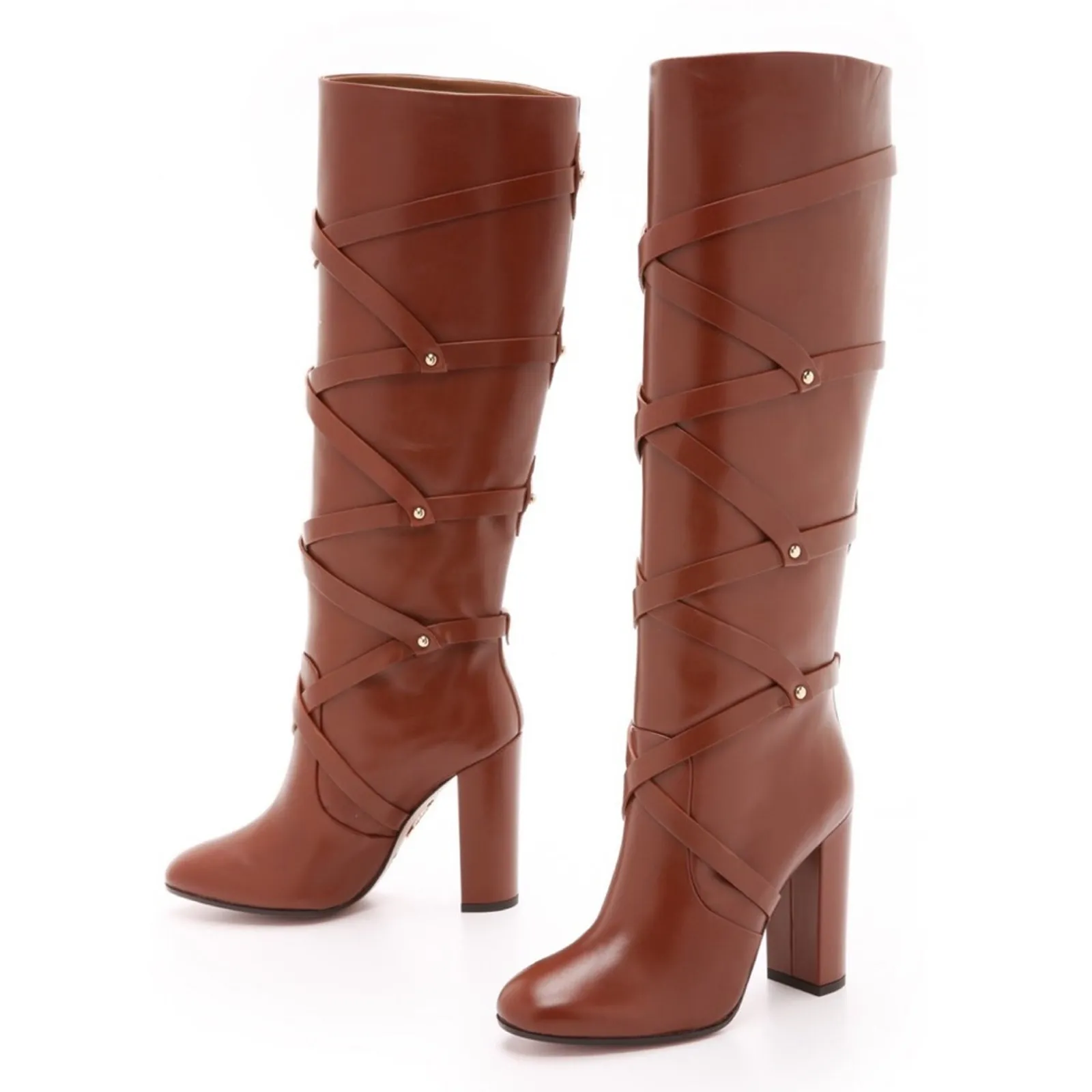 Aquazzura Cognac Luggage New Bel Air Knee High Calf Leather Boots 7.5 $1,395 Tan - Image 15