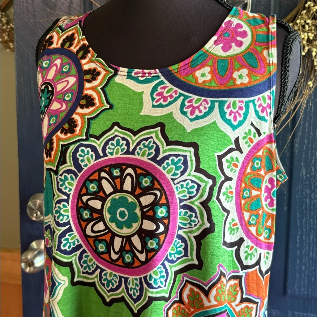 Vibrant Green Mandala Midi Dress Size L - Image 2