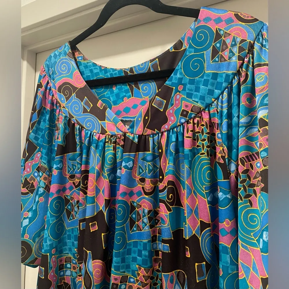 VTG 80s 90s Anthony Richards Blue & Pink Retro Maxi House Dress Kaftan Muumuu Size L - Image 6