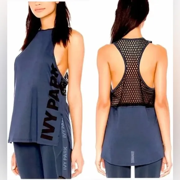 NEW Ivy Park Mesh Tank Top Womens Small Blue Black Racer back Active Wear Shirt - Image 2