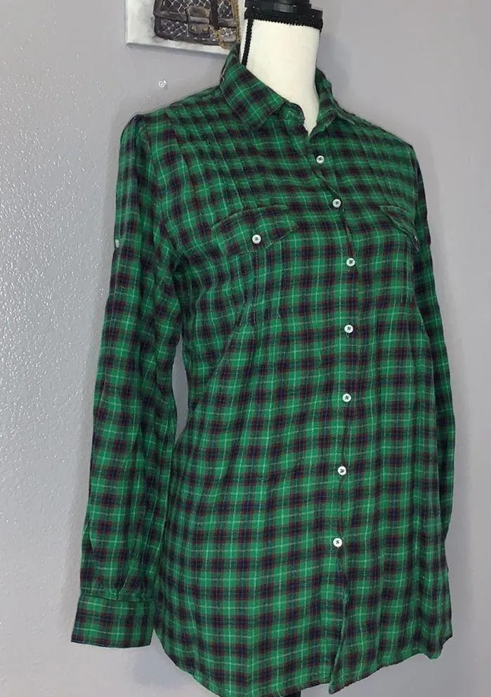 Sundance green casual plaid button down flannel shirt - Image 2