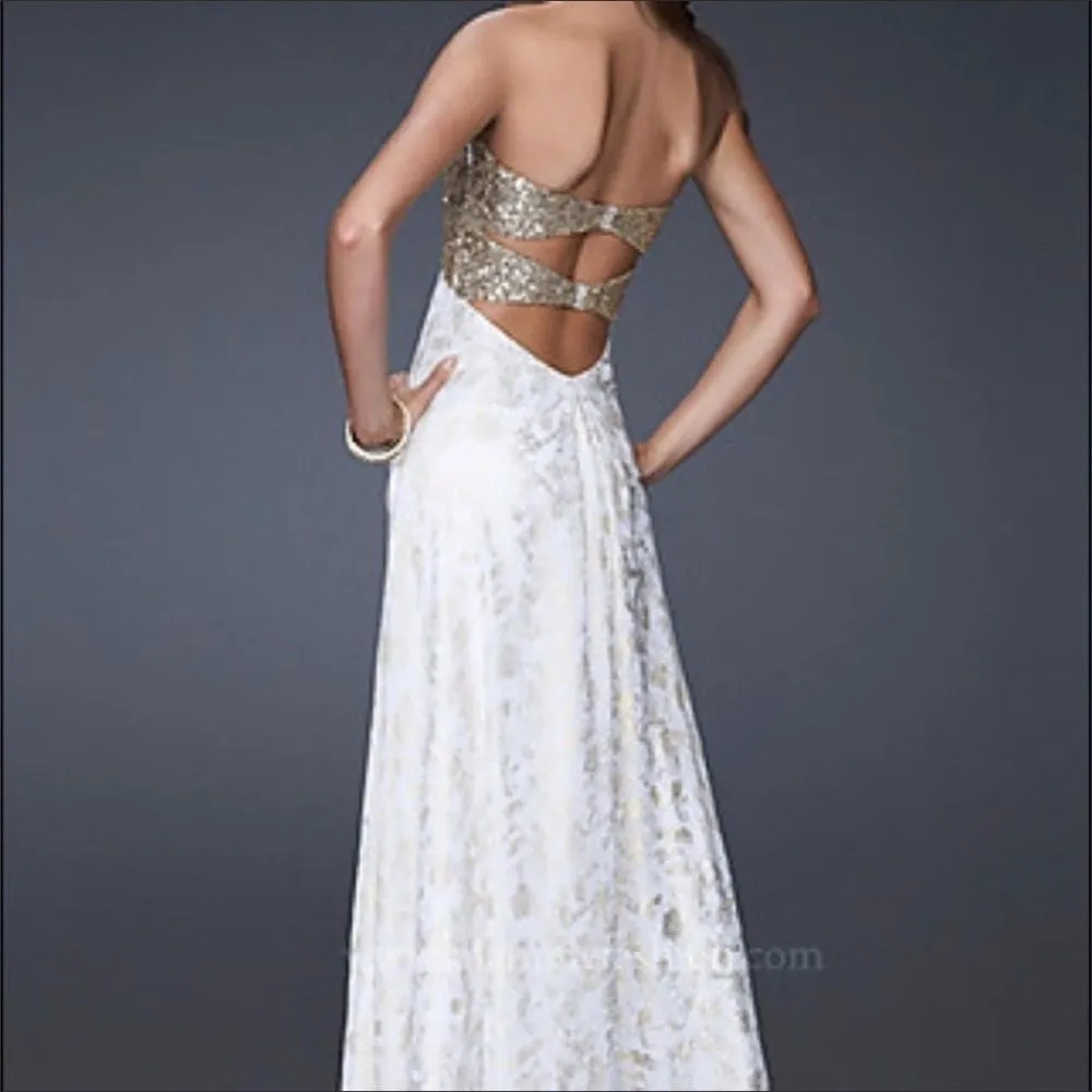 La Femme Gold Sequin Sweetheart A-Line Strapless Maxi Gown Size 2 Formal Prom - Image 2