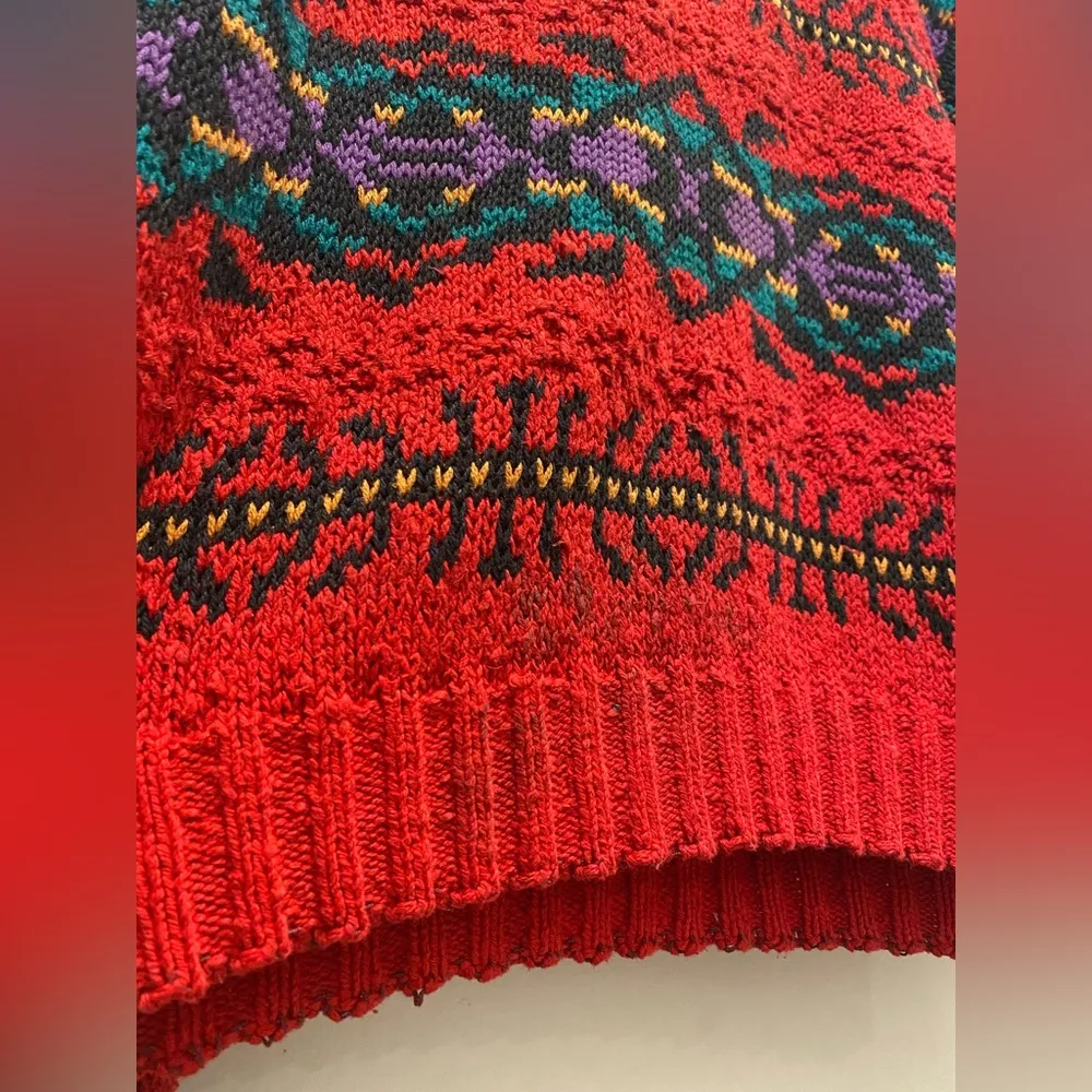 VTG 90s  Red Tribal Print Knitted Crew Neck Long Sleeve Sweater - M - Image 16
