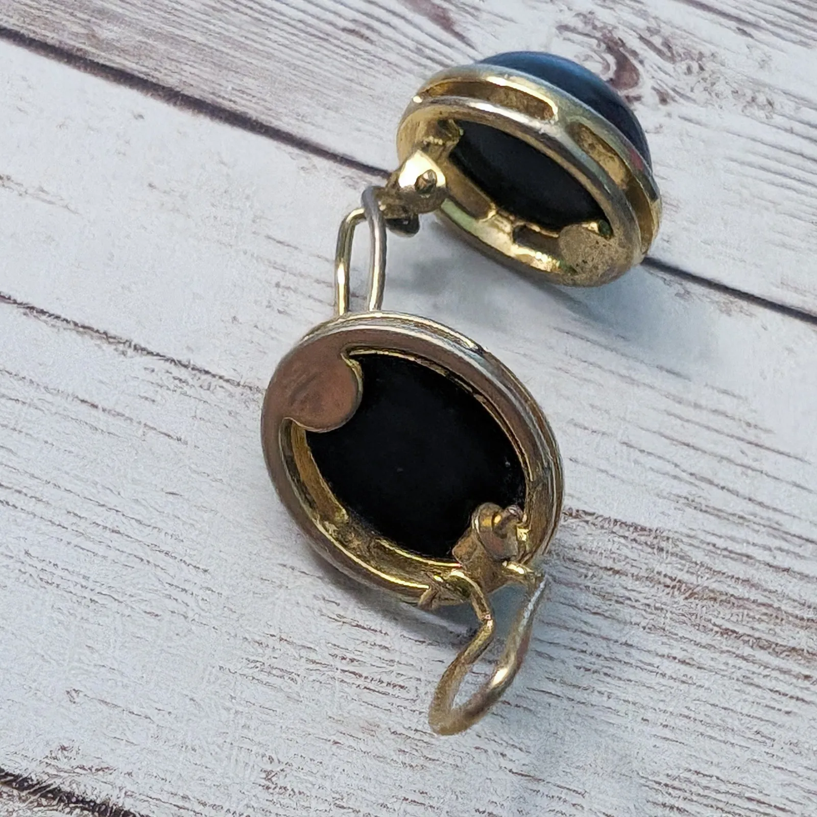 Vintage Clip On Earrings Black 3D Domed with Gold Tone Halo - Image 9