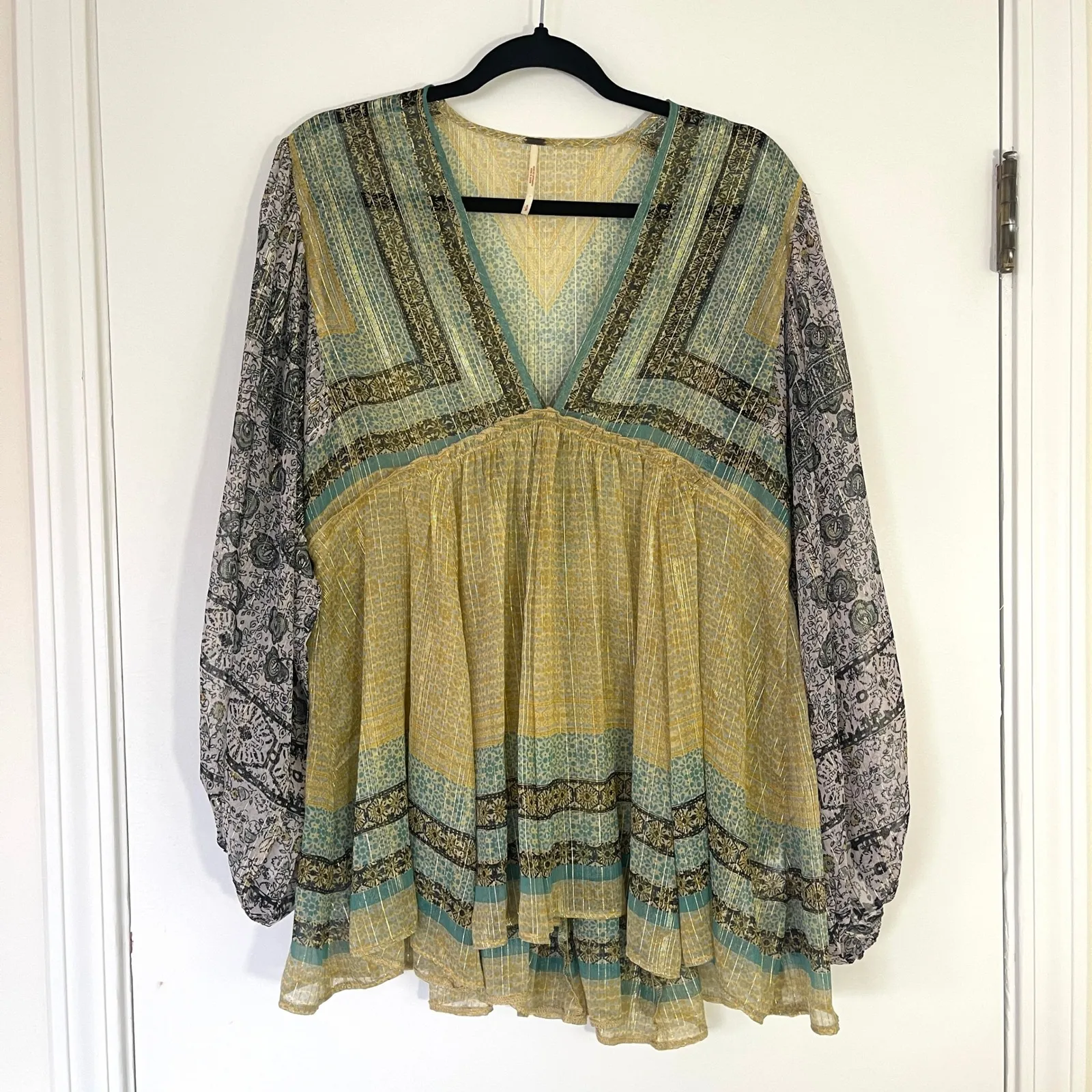 Free People Aliyah Boho Metallic Print Tunic Blouse Yellow Teal Gold Size Small - Image 2