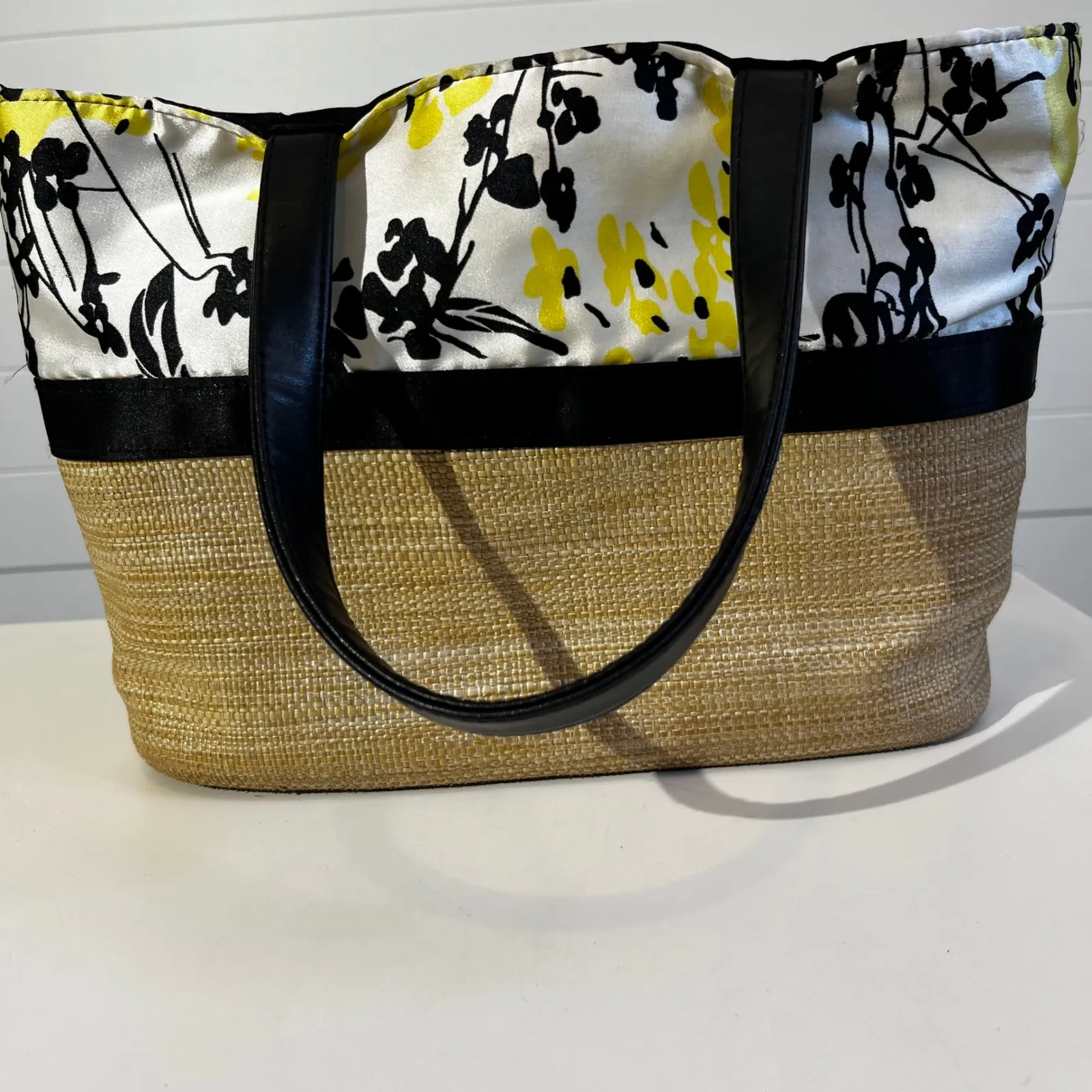 Floral Straw Tote Bag Yellow Black & White Purse Handbag Hobo Indie - Image 2