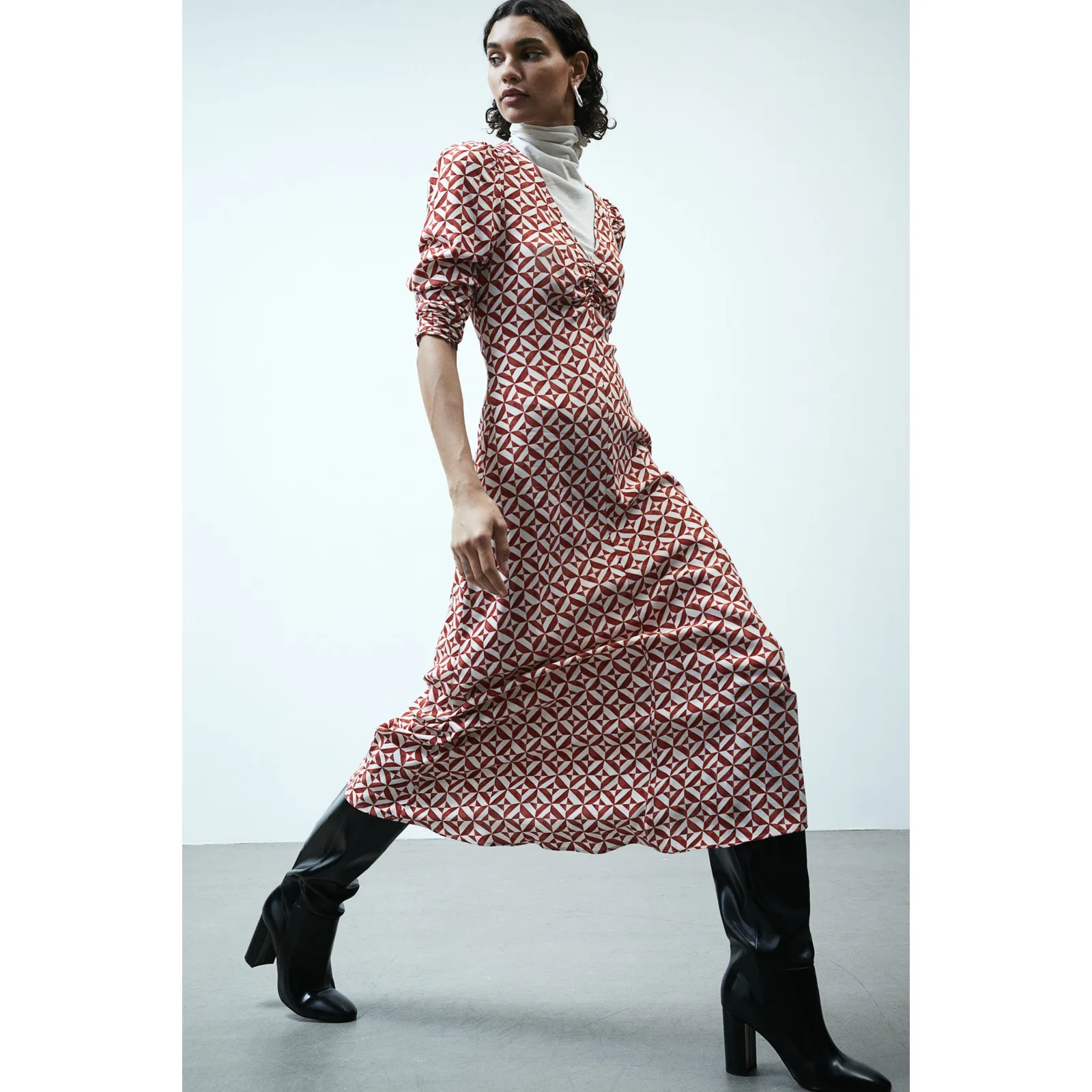 H&M Red Print Puff Sleeve Midi Dress Lenzing Ecovero Woven Boho Womens XL New - Image 8