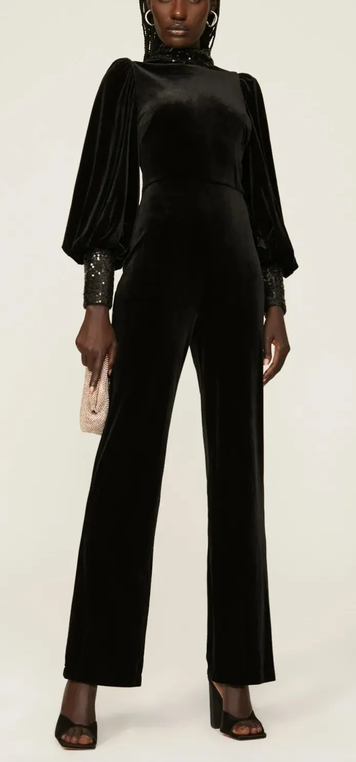 Badgley Mischka Black Velvet Jumpsuit SIZE 10 Cocktail Soft Sequin Designer $630 - Image 1