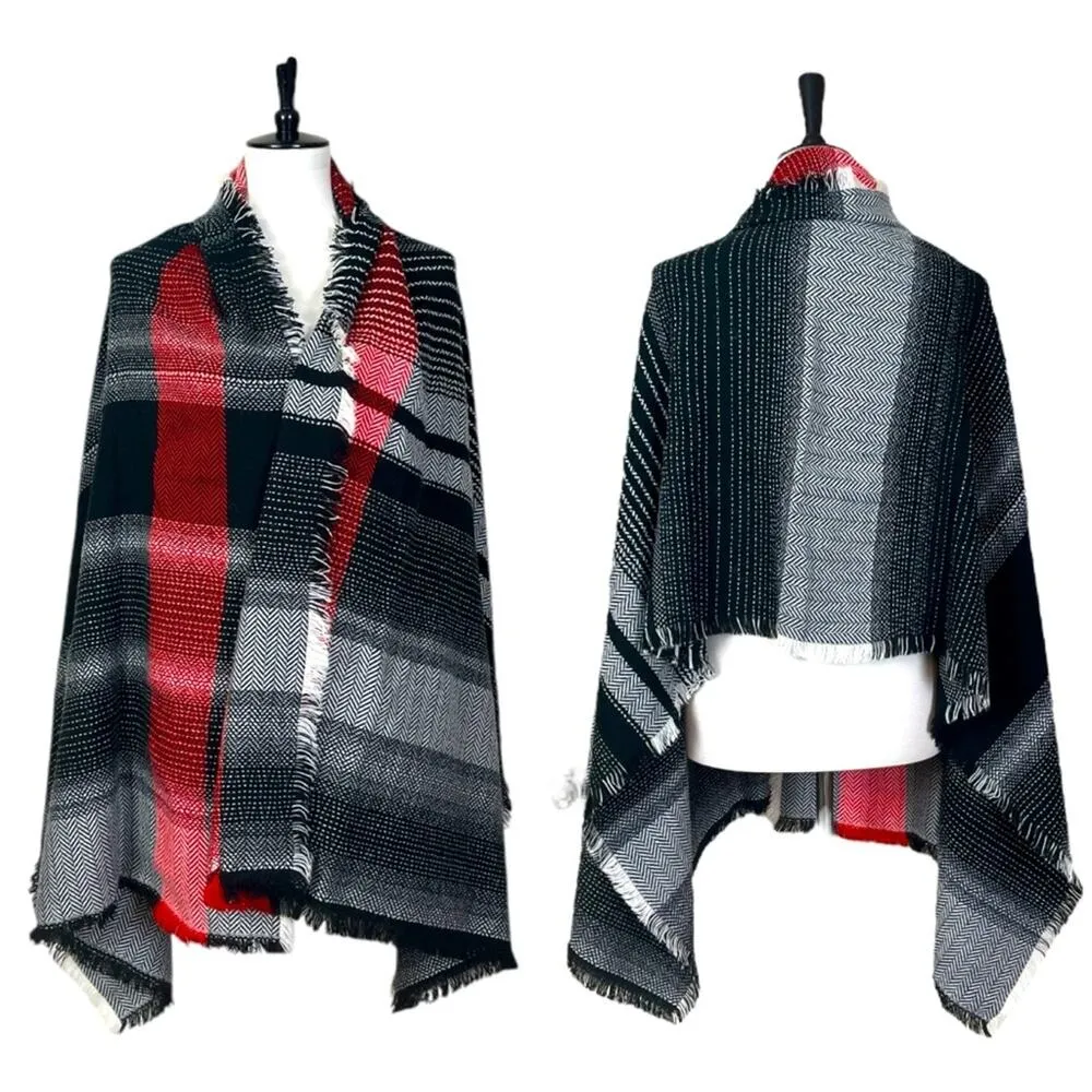 Merona Scarf Wrap Shawl Oblong Fringe Black Red White Plaid Women’s One Size - Image 12