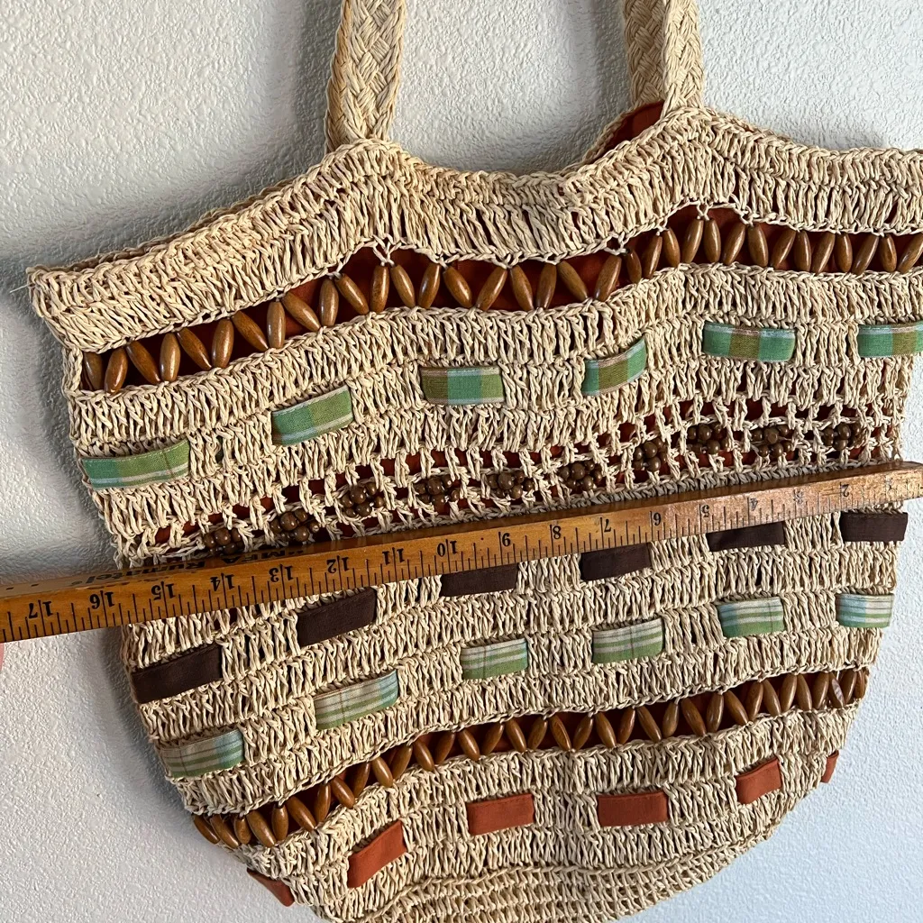 Vintage Capelli Straw Tote Bag Fish Beachy Coastal Ocean Vacation Boho Knit Tan - Image 10
