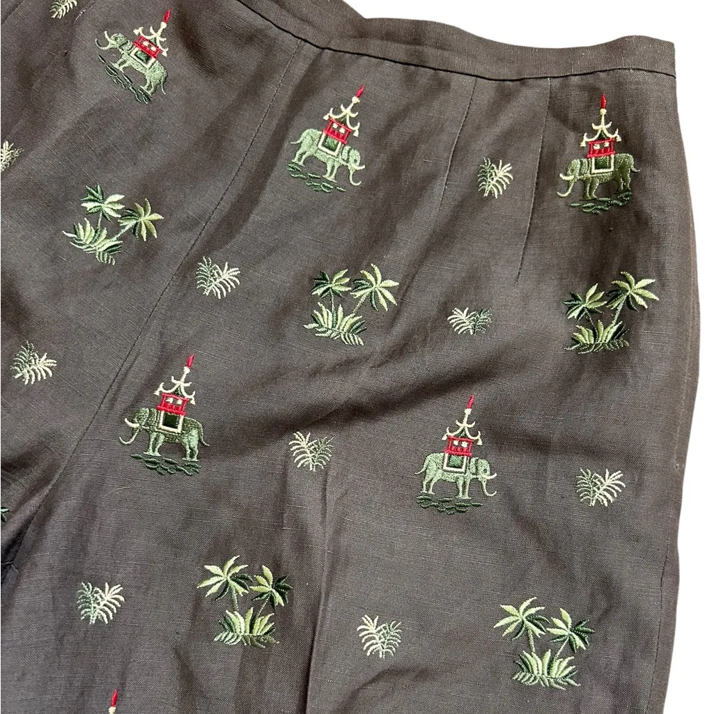 Talbots Petites Brown silk/linen blend cropped Trousers elephants embroidered‎ 6 - Image 3