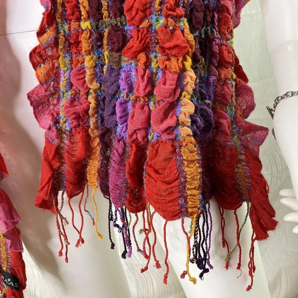 FRAAS Crinkled Fringe Trim Scarf‎ Colorful Plaid Wrap Layering Statement Womens Orange - Image 5