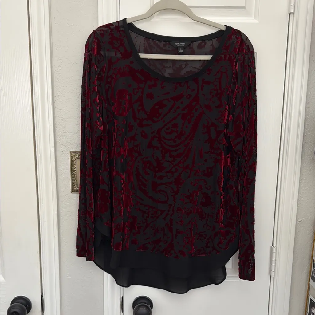 Velvet burnout sheer crew neck long sleeve Red Size L - Image 2