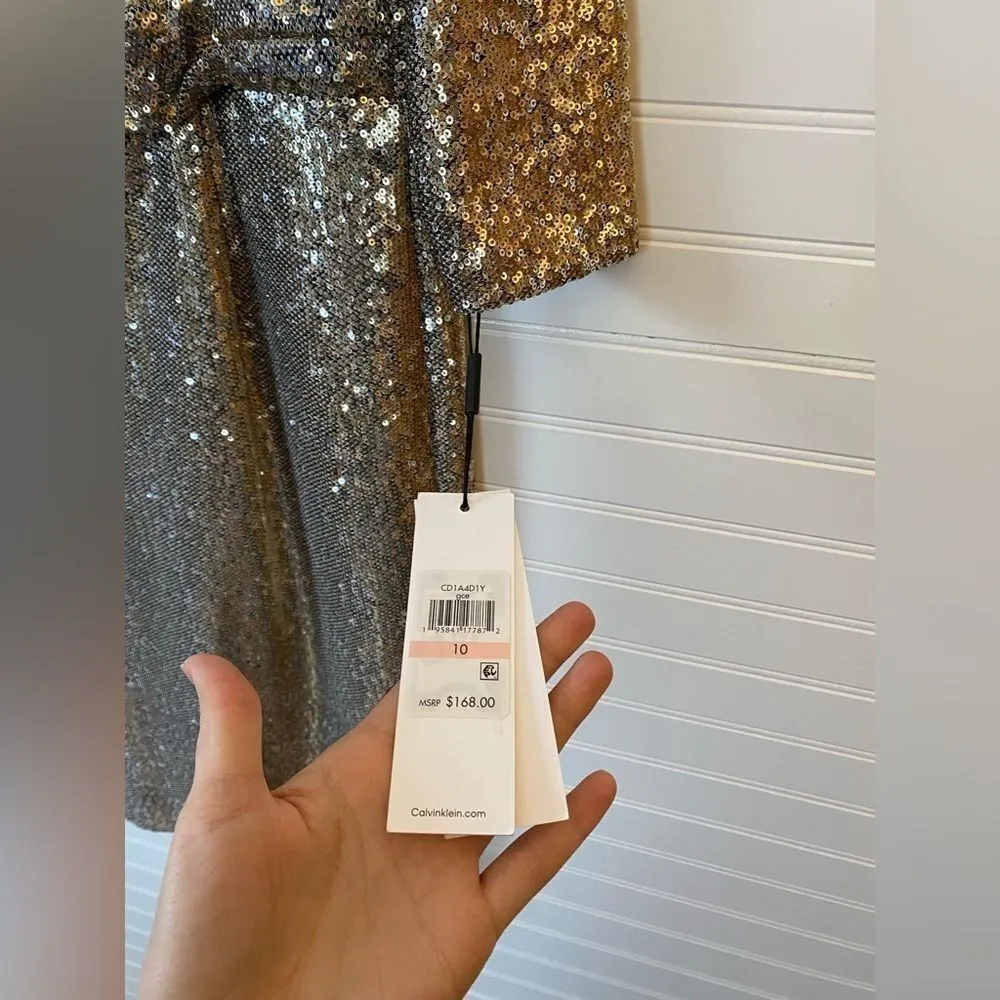 Calvin Klein Sequin Faux Wrap V Neck Knee Length Dress - Image 4