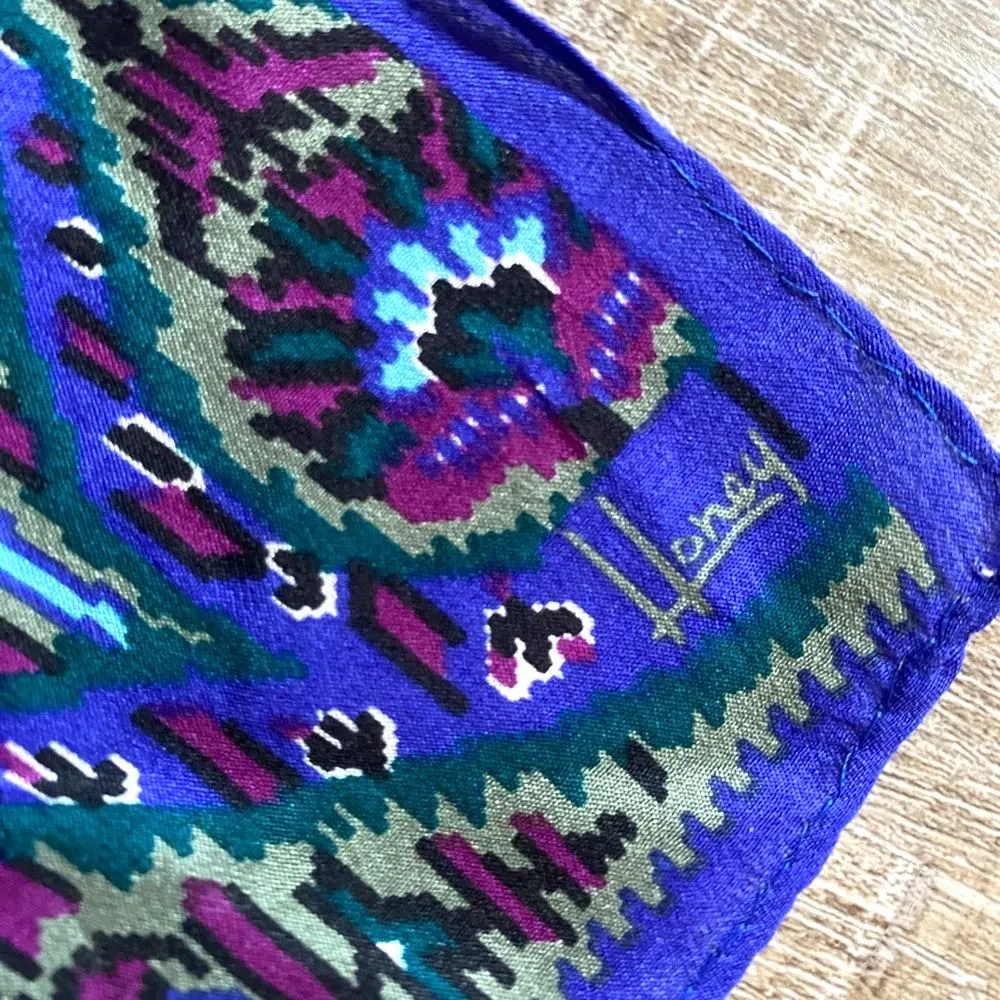 Vintage 70s 80s HONEY Silk Scarf Paisley Boho Aztec Ikat Southwestern Pattern Blue - Image 2