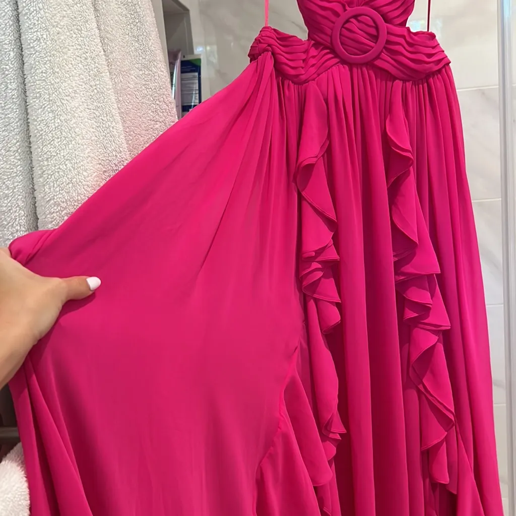 PATBO women size 0 flutter sleeve hot pink maxi long dress ruffles v neckline - Image 14