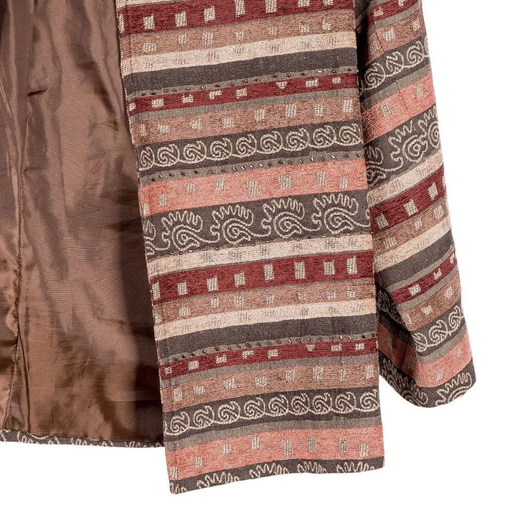 Earthy Striped Jacket 8 Womens Beads Striped Tapestry Open Boho Cotton Tan Red - Image 3