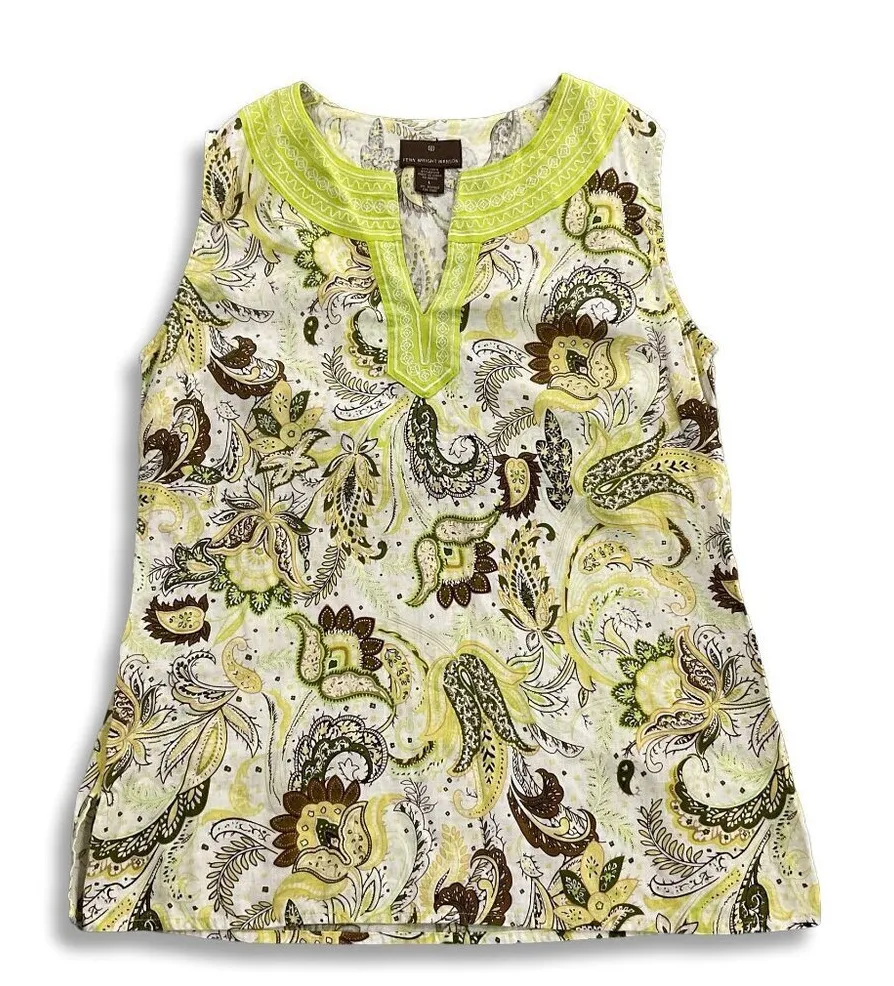 Fenn Wright Manson Linen Sleeveless Paisley Top Large Lime Green Cream & Brown - Image 1