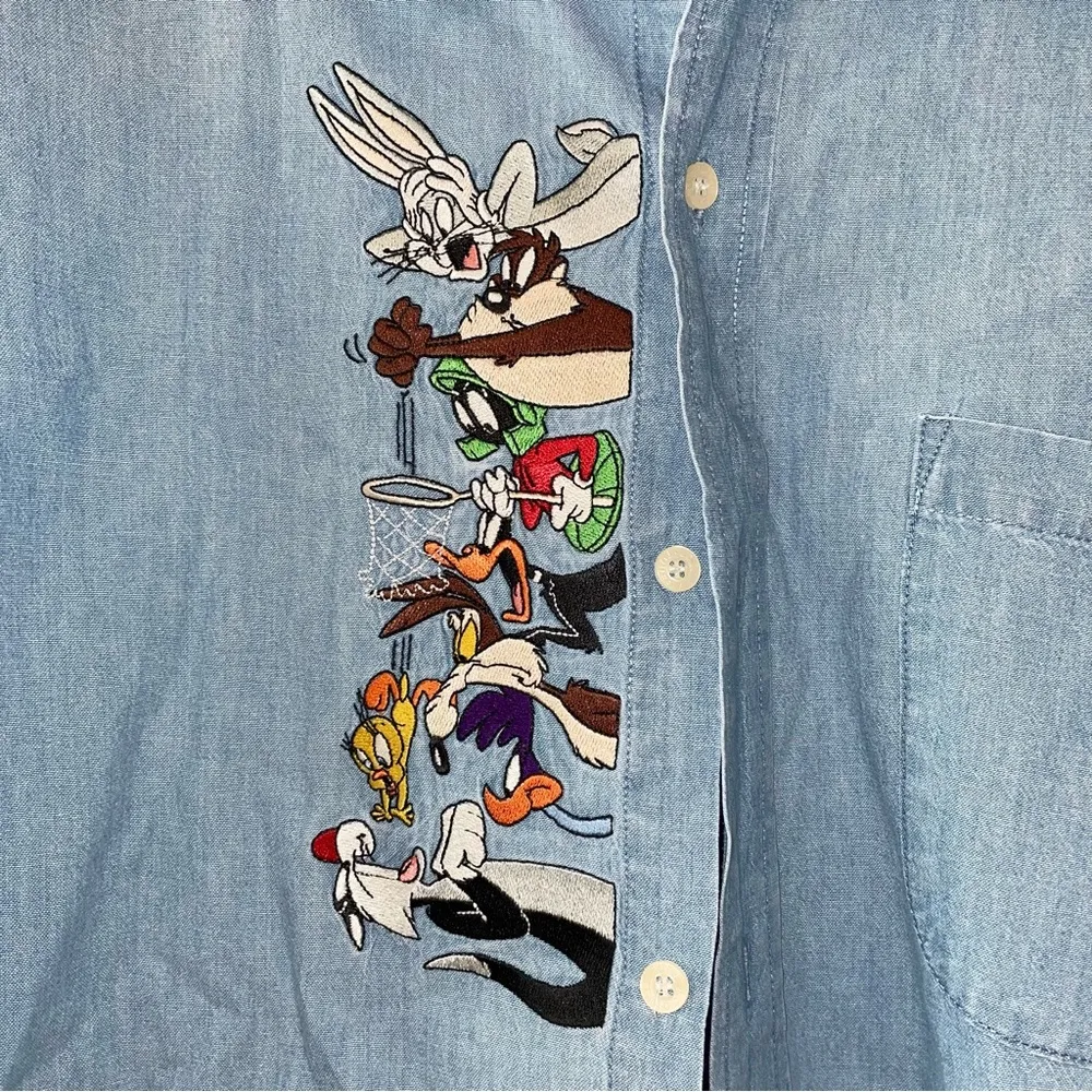 WB Studios Vintage Blue Denim Shirt with Looney Tunes Embroidery Size XL - Image 2
