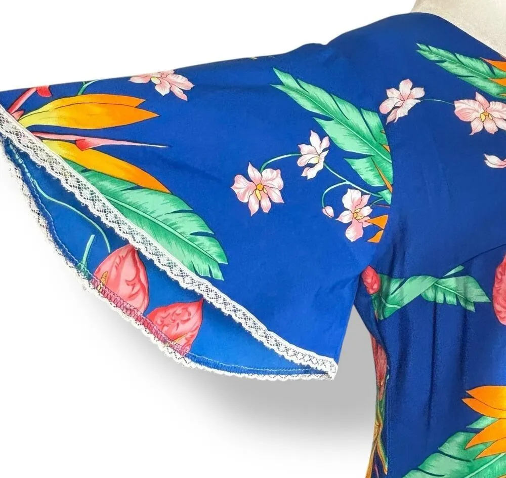 Vintage Made In Hawaii Maxi Dress Blue White Tropical Floral Lace Flutter Sleeve Size M - Image 4