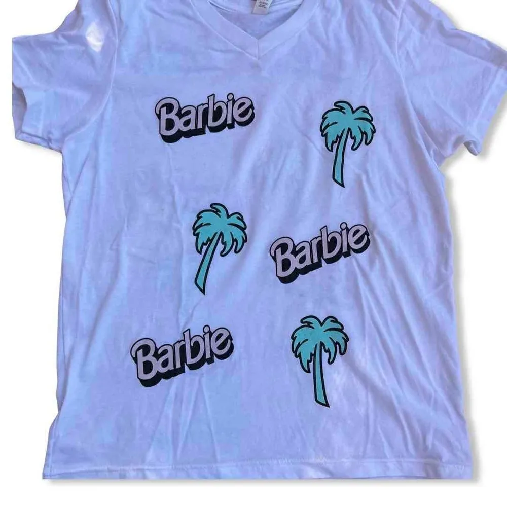 Mattel Barbie Employee Promo ONLY t Shirt Logo & Palm Tree white women V Neck S - Image 3