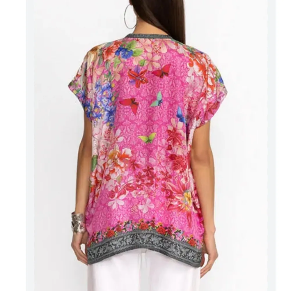 Johnny Was Bouquet Frame Parade Blouse Tunic Silk Pink Butterfly Floral Small - Image 2