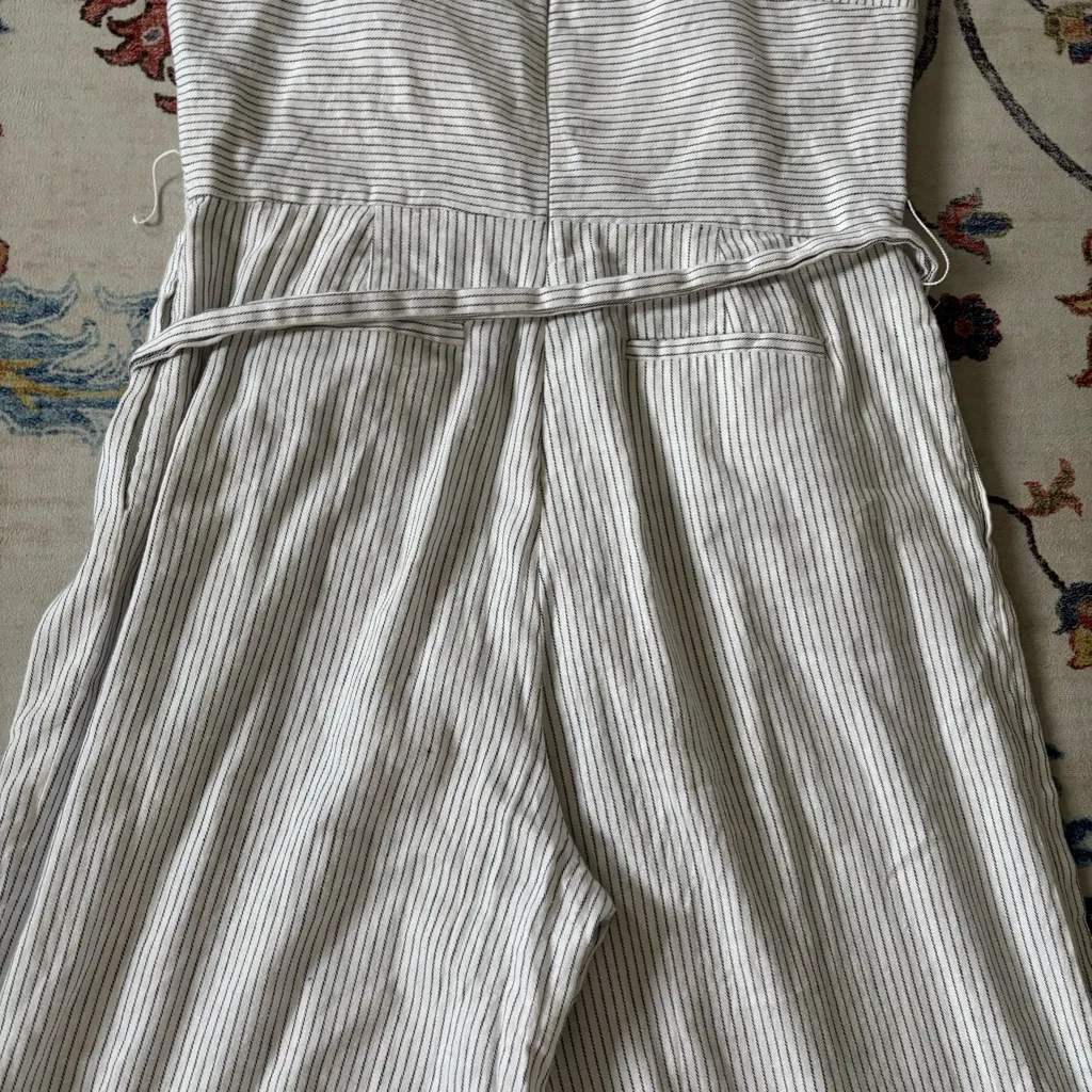 Banana Republic White Linen Blend Pin Stripe Squareneck Belted Crop Jumpsuit 10 - Image 12