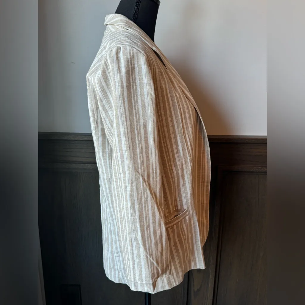 Promesa Linen Cotton Blazer Jacket Striped Neutral Tan White 3/4 Sleeve NWT - Image 4