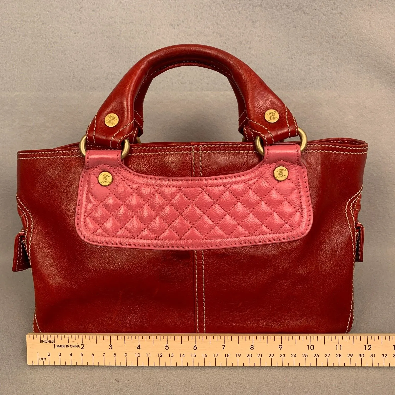 Celine Red Leather Satchel Bag Pink Quilted Detail Designer Purse Classic Luxury - Image 6