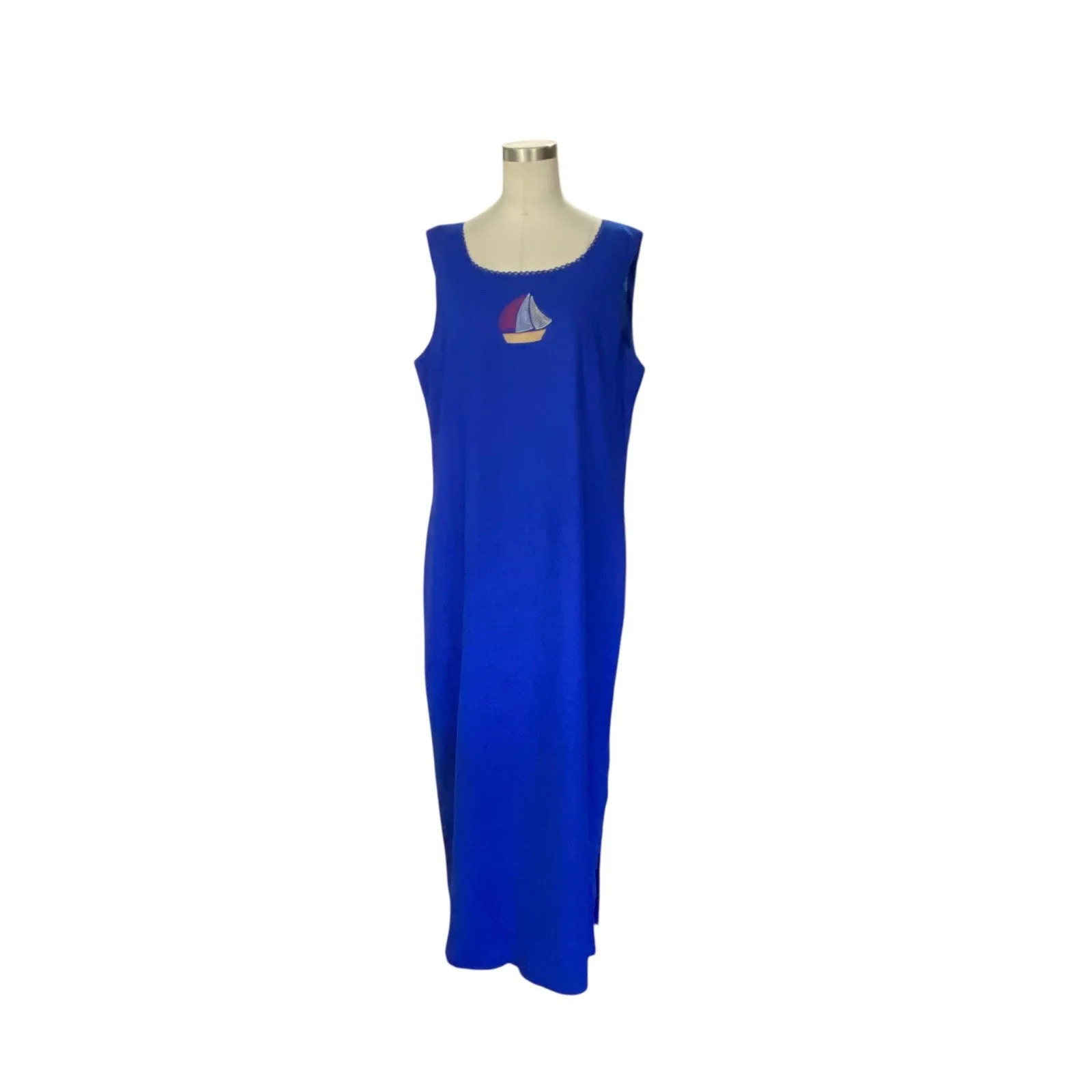 Sag Harbor royal blue sleeveless maxi dress sailboat embroidery LINEN Size 12/14 - Image 10