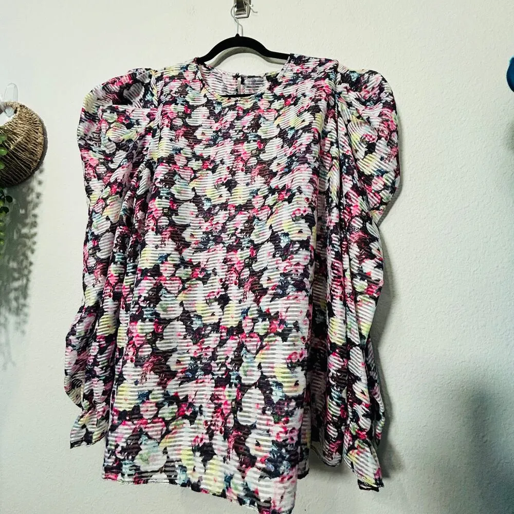 NEW River Island Plus Size 26 Striped Floral Print Puff Long Sleeve Blouse Curvy - Image 8