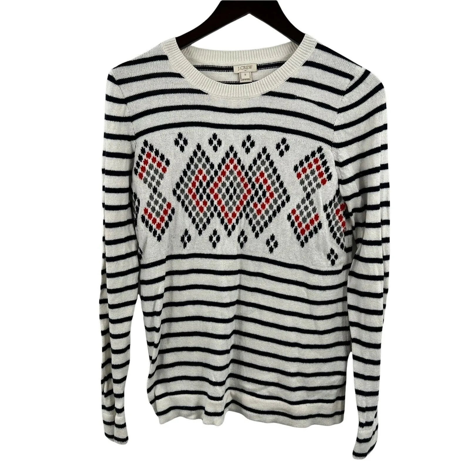 J.CREW Striped Geometric Crewneck Long Sleeve Cotton Sweater Black White Size M - Image 6