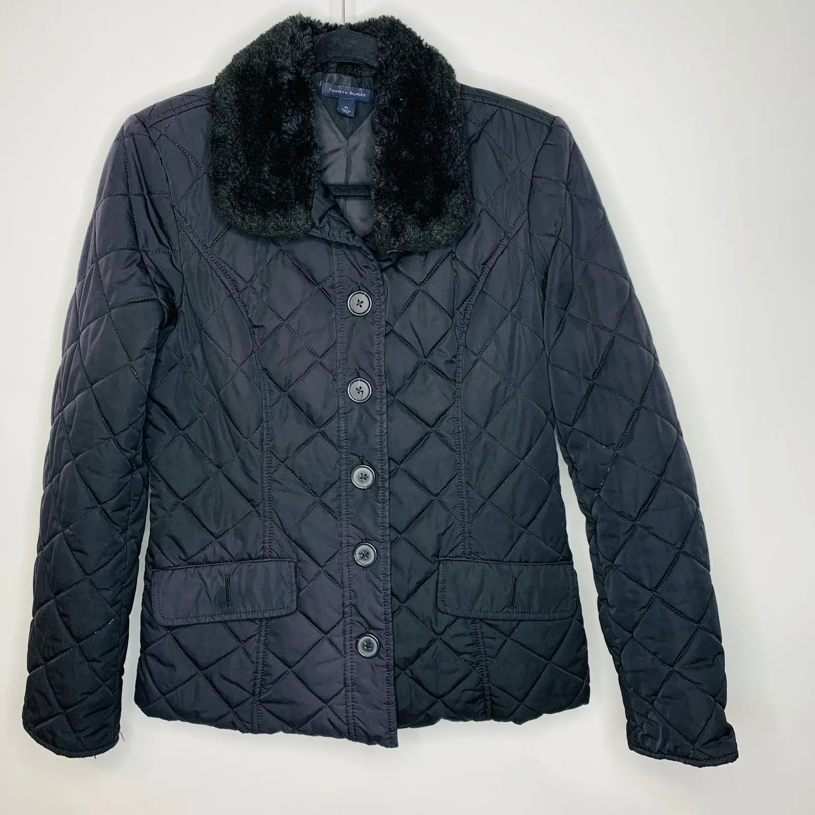Tommy Hilfiger Black Quilted Jacket Faux Fur Collar Sz Medium - Image 5