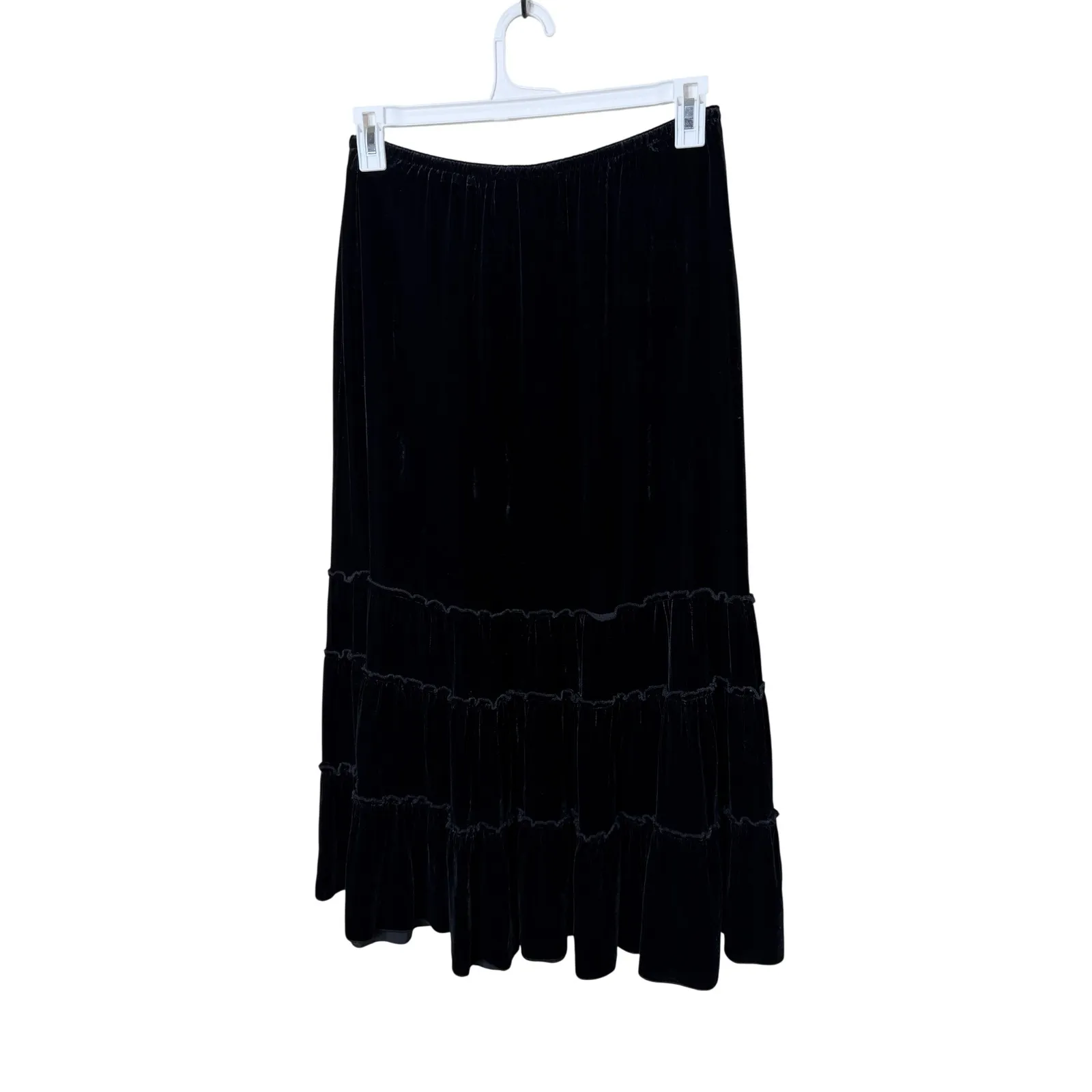 Chicos Black Velvet Silk Blend Maxi Skirt Tiered Ruffle Elastic Waist Size L Size L - Image 5