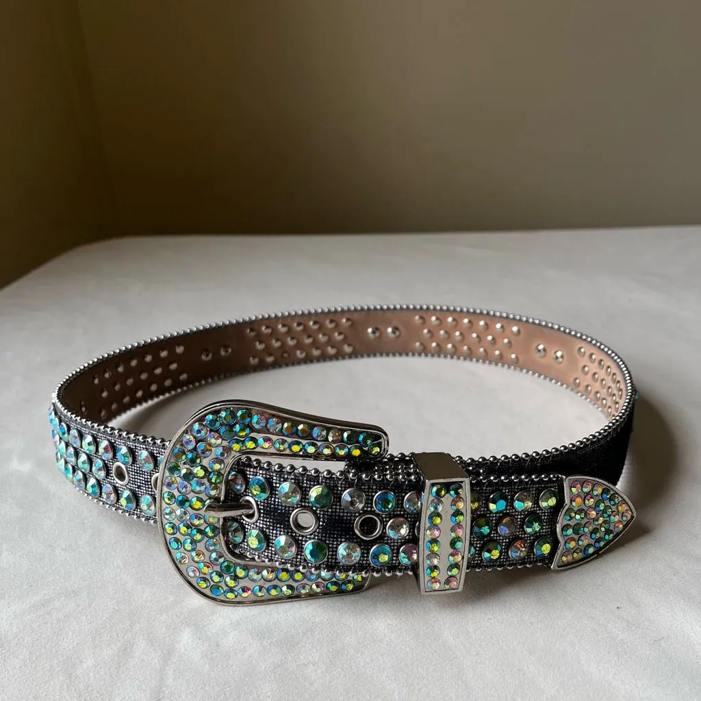 Majestik Blue Rhinestone Skull Wing Belt Western Punk Goth‎ Y2K Festival Small - Image 6