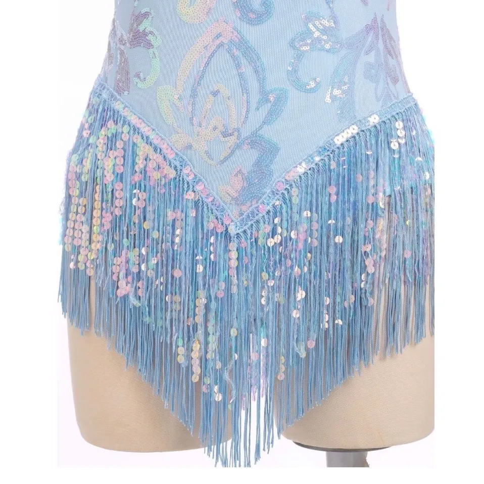 Sparkle Sequins Fringe Leotard Baby Blue Dance Costume Women Small Size L - Image 6
