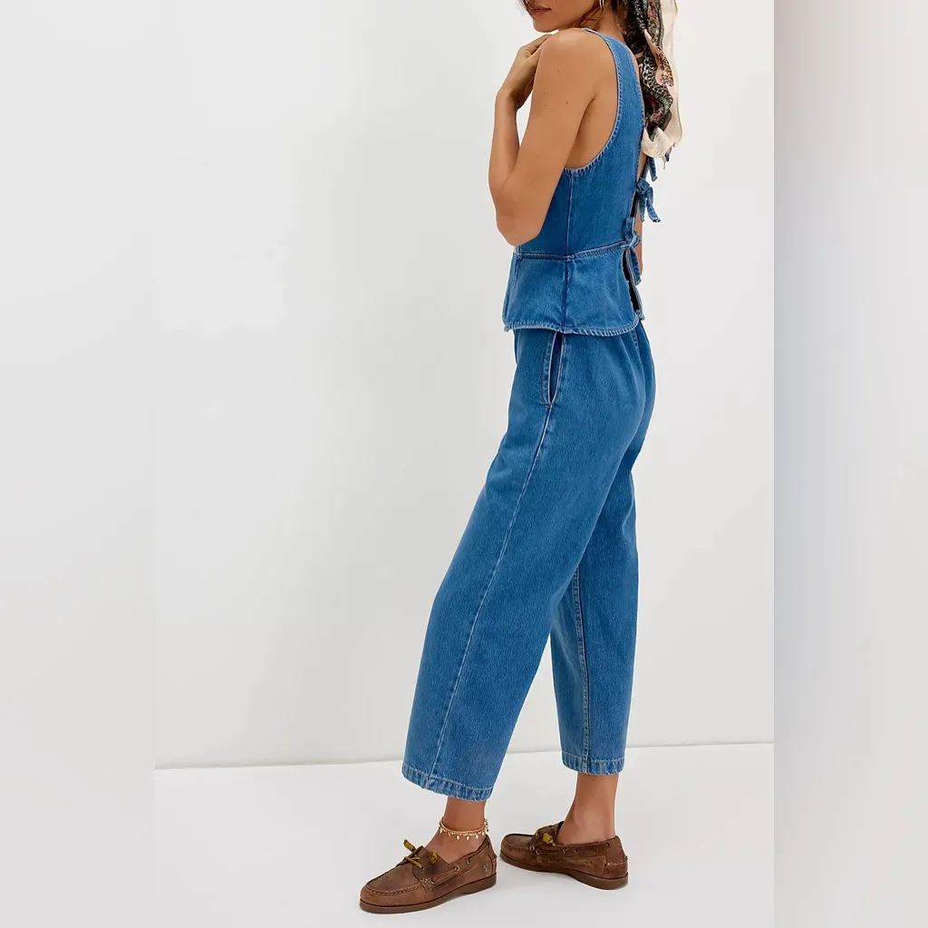 NEW Free People We The Free Hazel Denim Jumpsuit Vacation Mode Open Back Size XS - Image 3