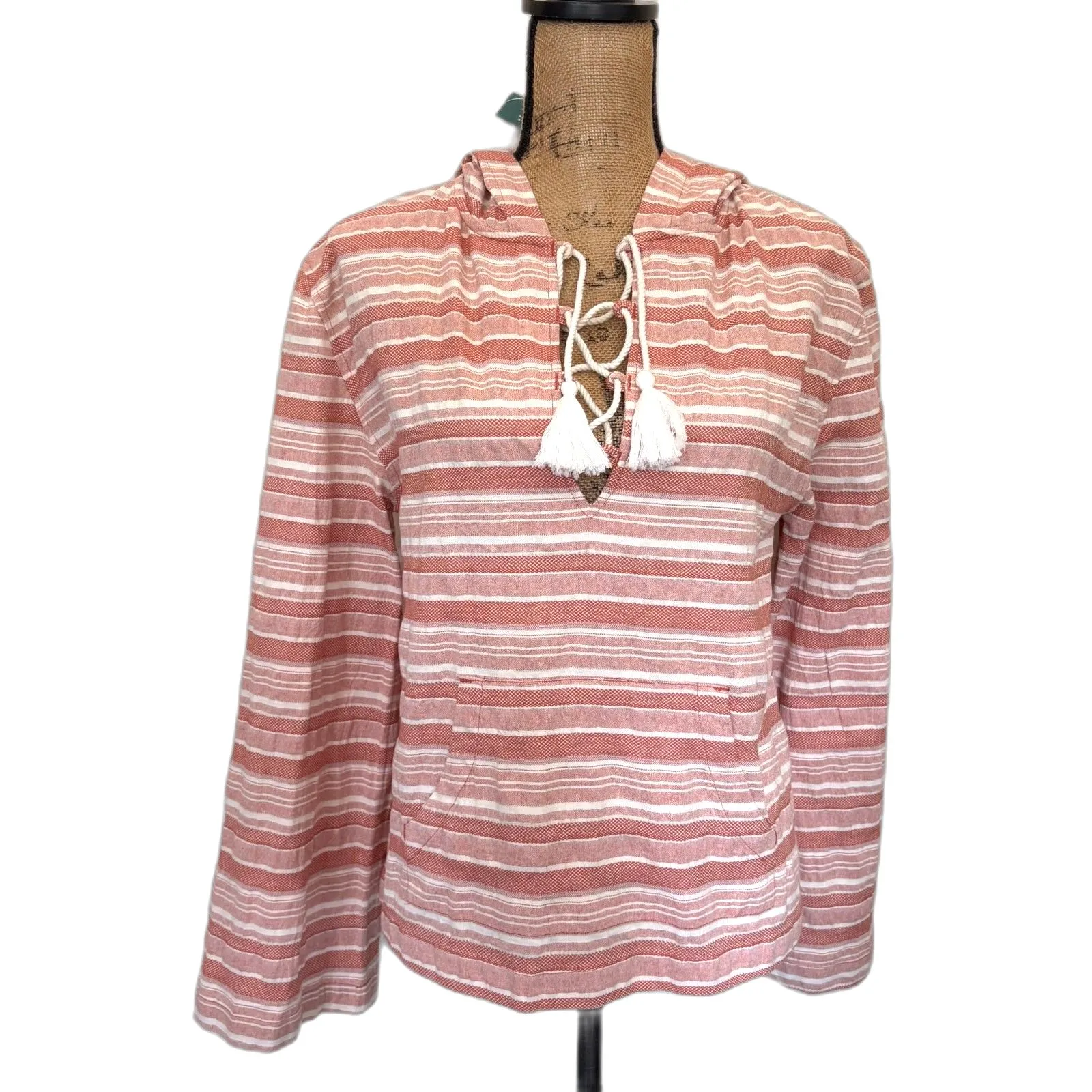 NWT Roxy Paradise Calling Hoodie Poncho Pink‎ Stripes Lace Up Size Small - Image 2