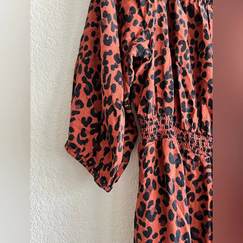 Knox Rose Large Burnt Orange Leopard Print Smocked Waist Flowy Pullover Dress - Image 5