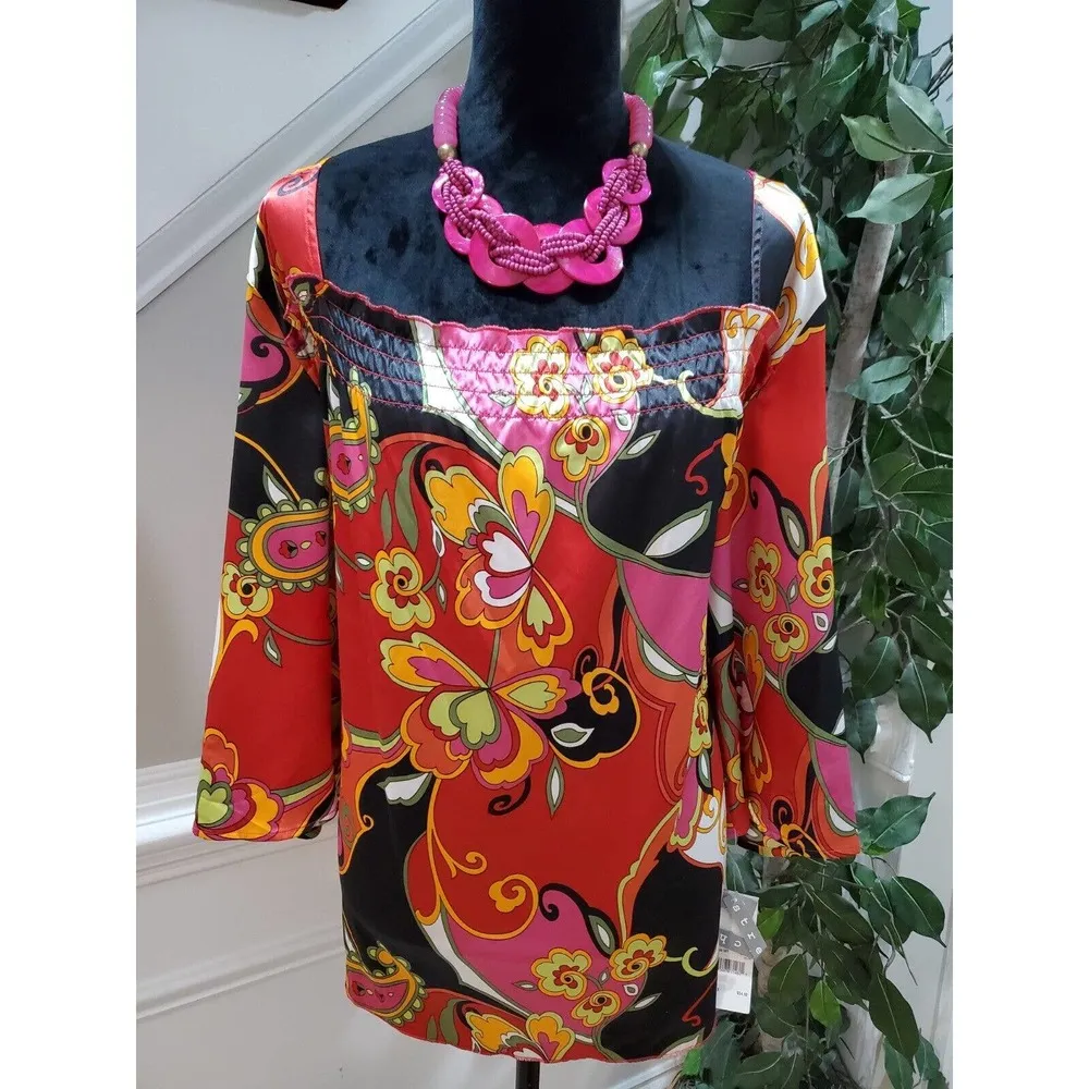 Ny Collection Women Floral Polyester Square Neck Long Sleeve Pullover Blouse 2X - Image 2